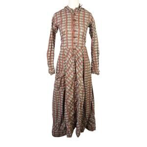 Antique Late 1800s Brown Plaid Victorian Day Dress Maxi Prairie Style XS